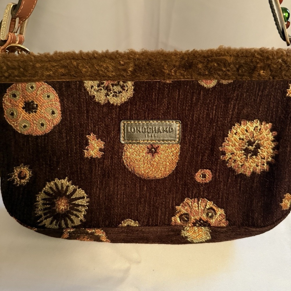 Longchamp Small Brown Velvet Shearling Floral Shoulder Bag Purse Handbag - Picture 3 of 12